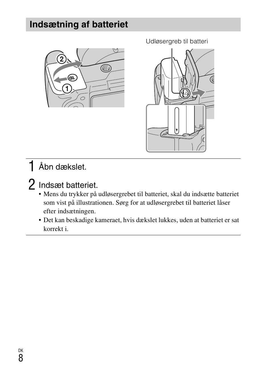 Indsætning af batteriet | Sony DSC-HX200V User Manual | Page 446 / 603