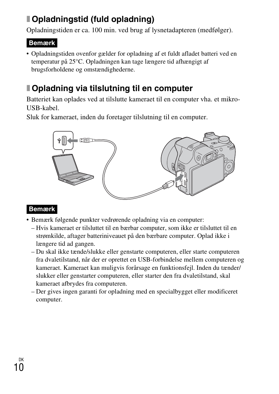 Xopladningstid (fuld opladning), Xopladning via tilslutning til en computer | Sony DSC-HX200V User Manual | Page 448 / 603