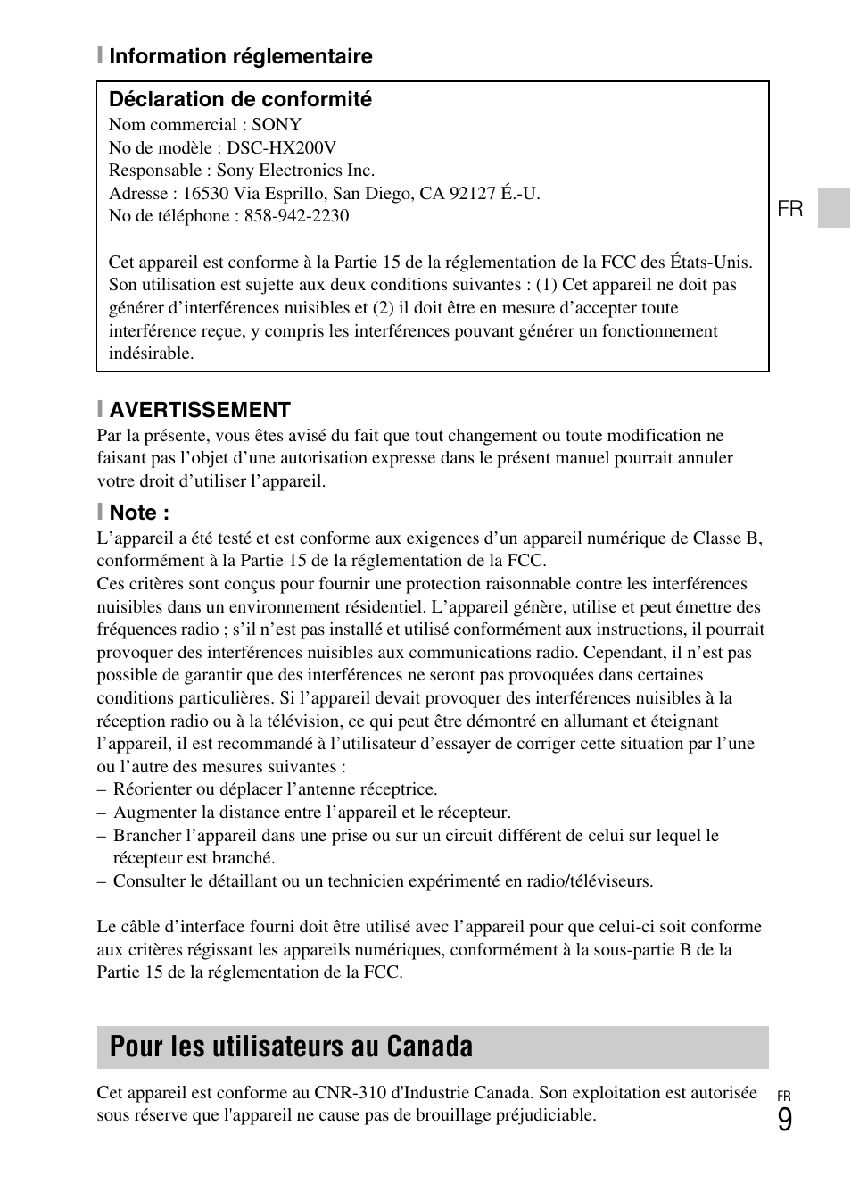 Pour les utilisateurs au canada | Sony DSC-HX200V User Manual | Page 45 / 603