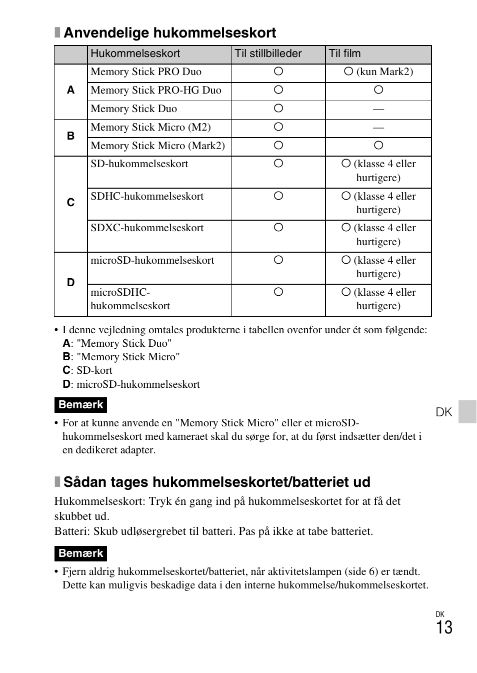 Xanvendelige hukommelseskort, Xsådan tages hukommelseskortet/batteriet ud | Sony DSC-HX200V User Manual | Page 451 / 603