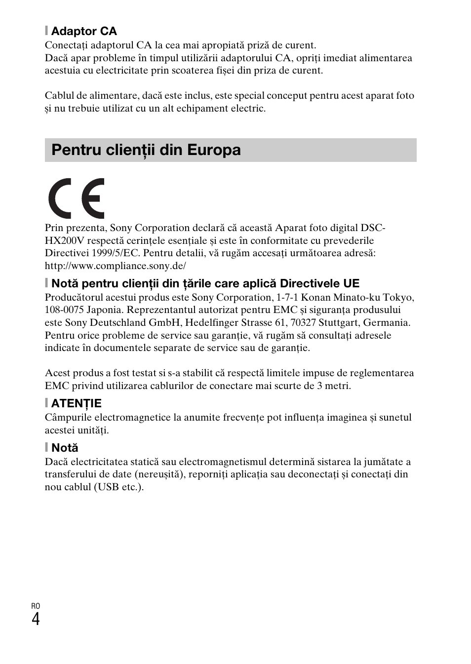 Pentru clienţii din europa | Sony DSC-HX200V User Manual | Page 502 / 603