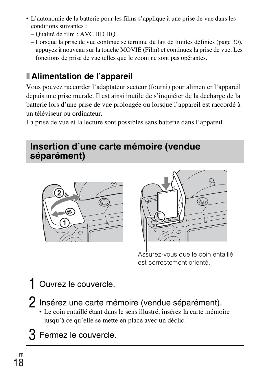 Insertion d’une carte mémoire (vendue séparément) | Sony DSC-HX200V User Manual | Page 54 / 603