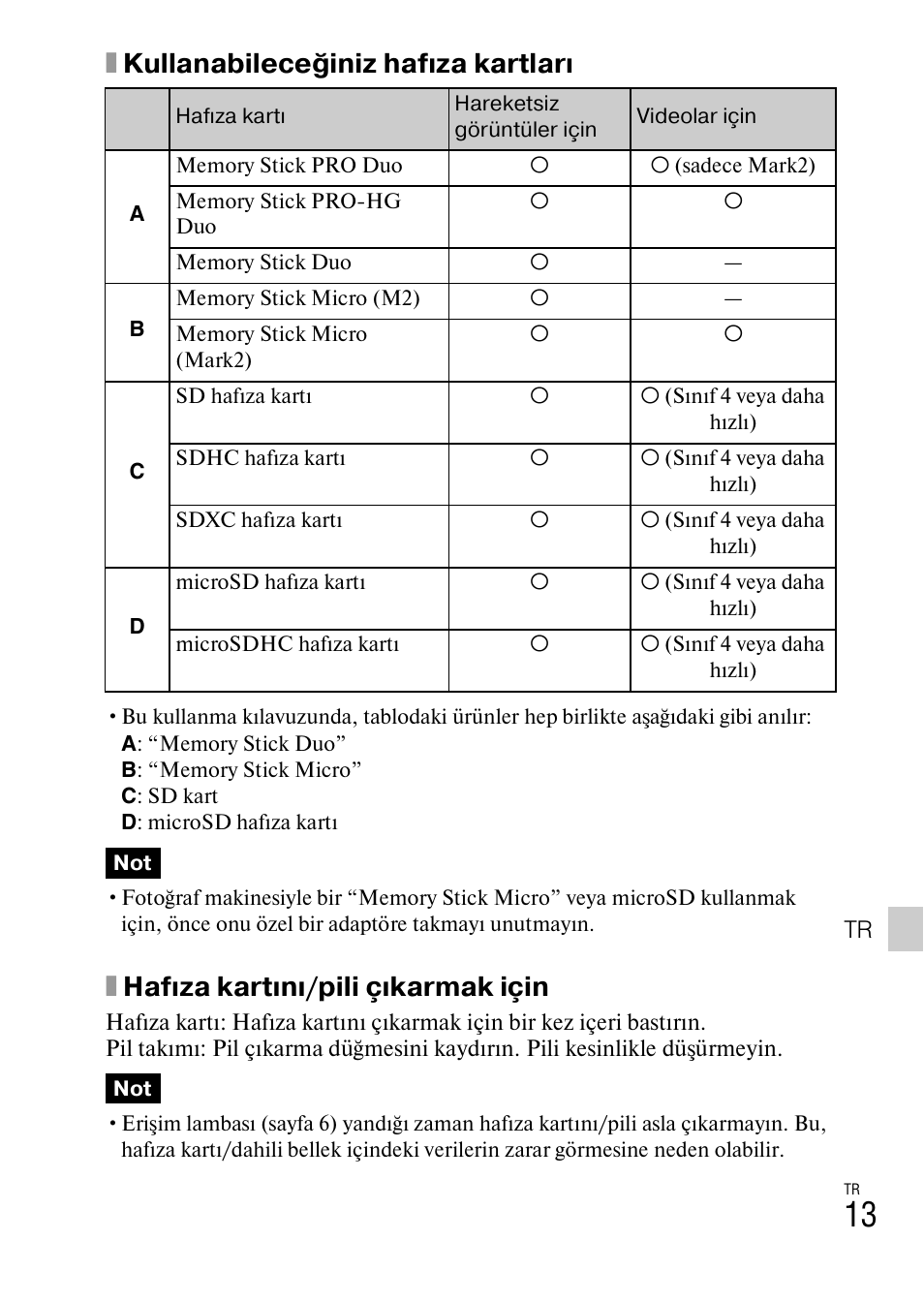 Xkullanabileceğiniz hafıza kartları, Xhafıza kartını/pili çıkarmak için | Sony DSC-HX200V User Manual | Page 543 / 603