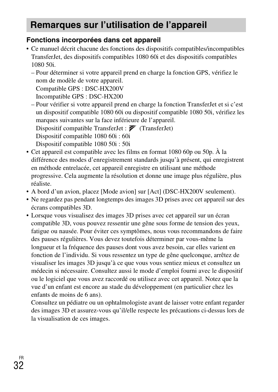 Remarques sur l’utilisation de l’appareil | Sony DSC-HX200V User Manual | Page 68 / 603
