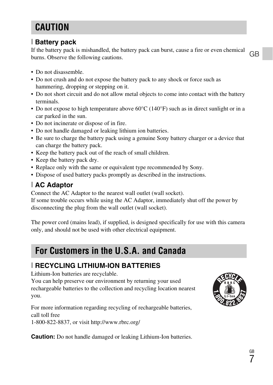 Caution for customers in the u.s.a. and canada | Sony DSC-HX200V User Manual | Page 7 / 603