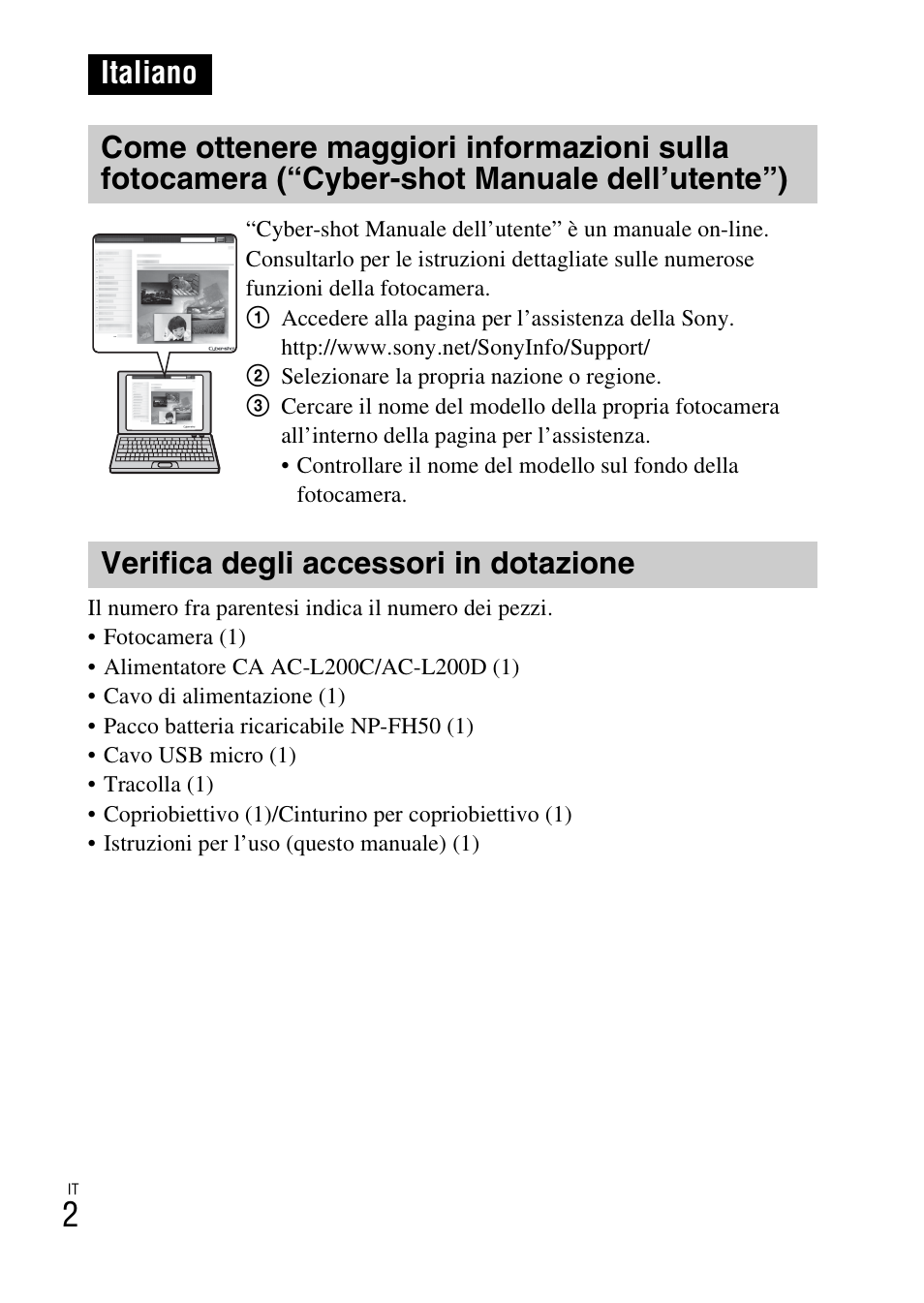 Italiano, Verifica degli accessori in dotazione | Sony DSC-HX200V User Manual | Page 74 / 603