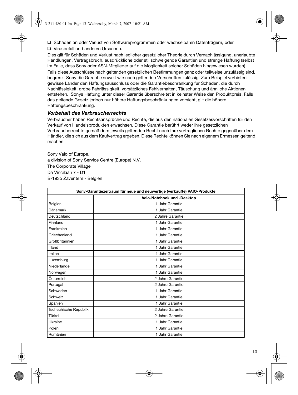 Vorbehalt des verbraucherrechts | Sony VGN-AR41MR User Manual | Page 13 / 60