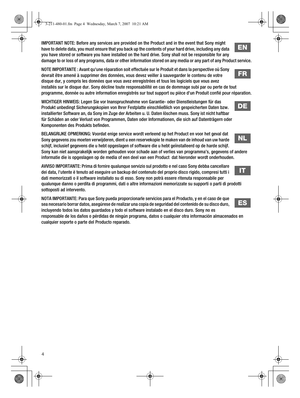 En fr de nl it es | Sony VGN-AR41MR User Manual | Page 4 / 60