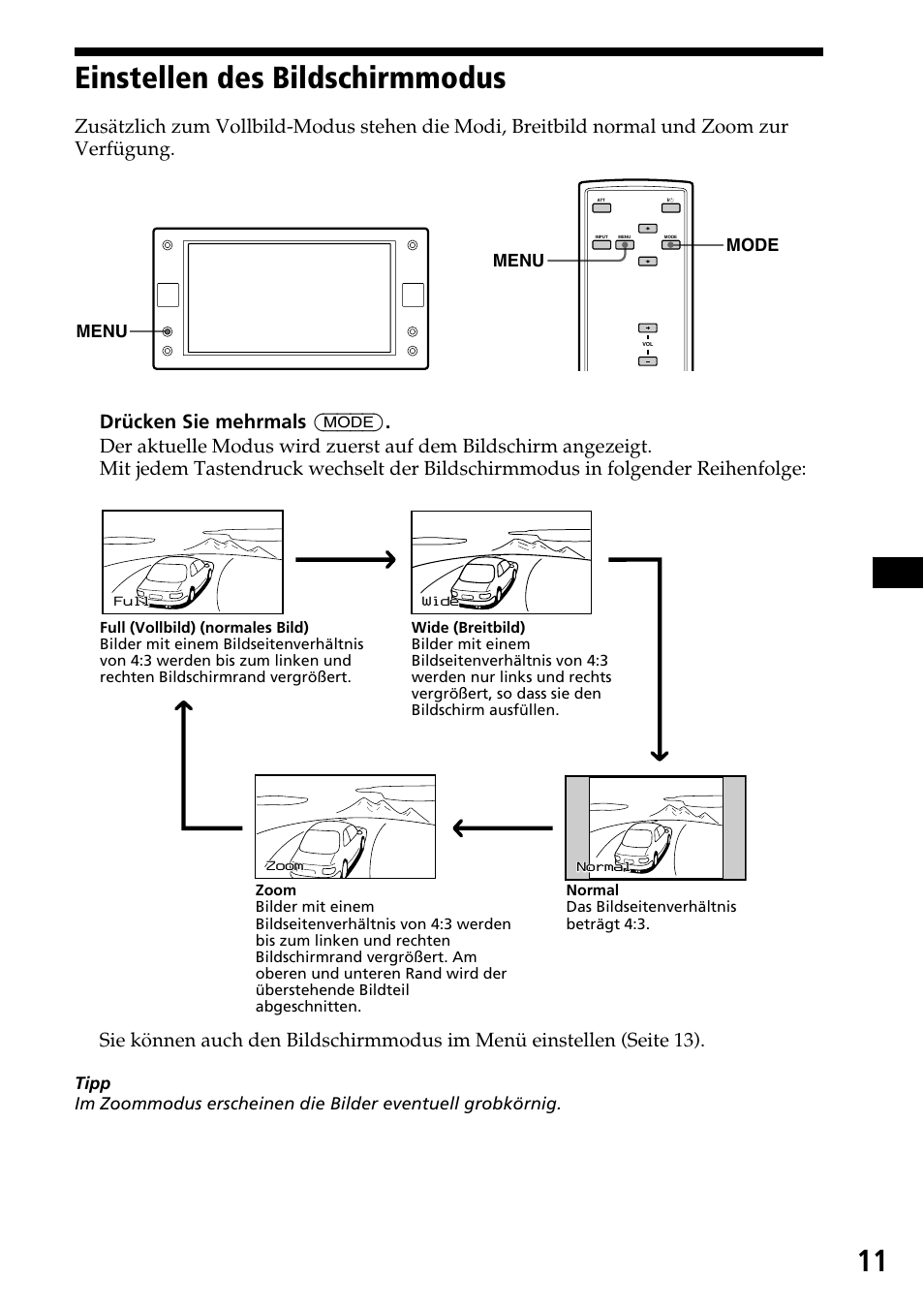 Einstellen des bildschirmmodus, 11 einstellen des bildschirmmodus, Menu | Menu mode | Sony XVM-F65 User Manual | Page 29 / 92