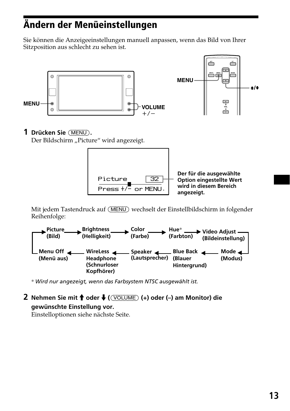 Ändern der menüeinstellungen, 13 ändern der menüeinstellungen | Sony XVM-F65 User Manual | Page 31 / 92