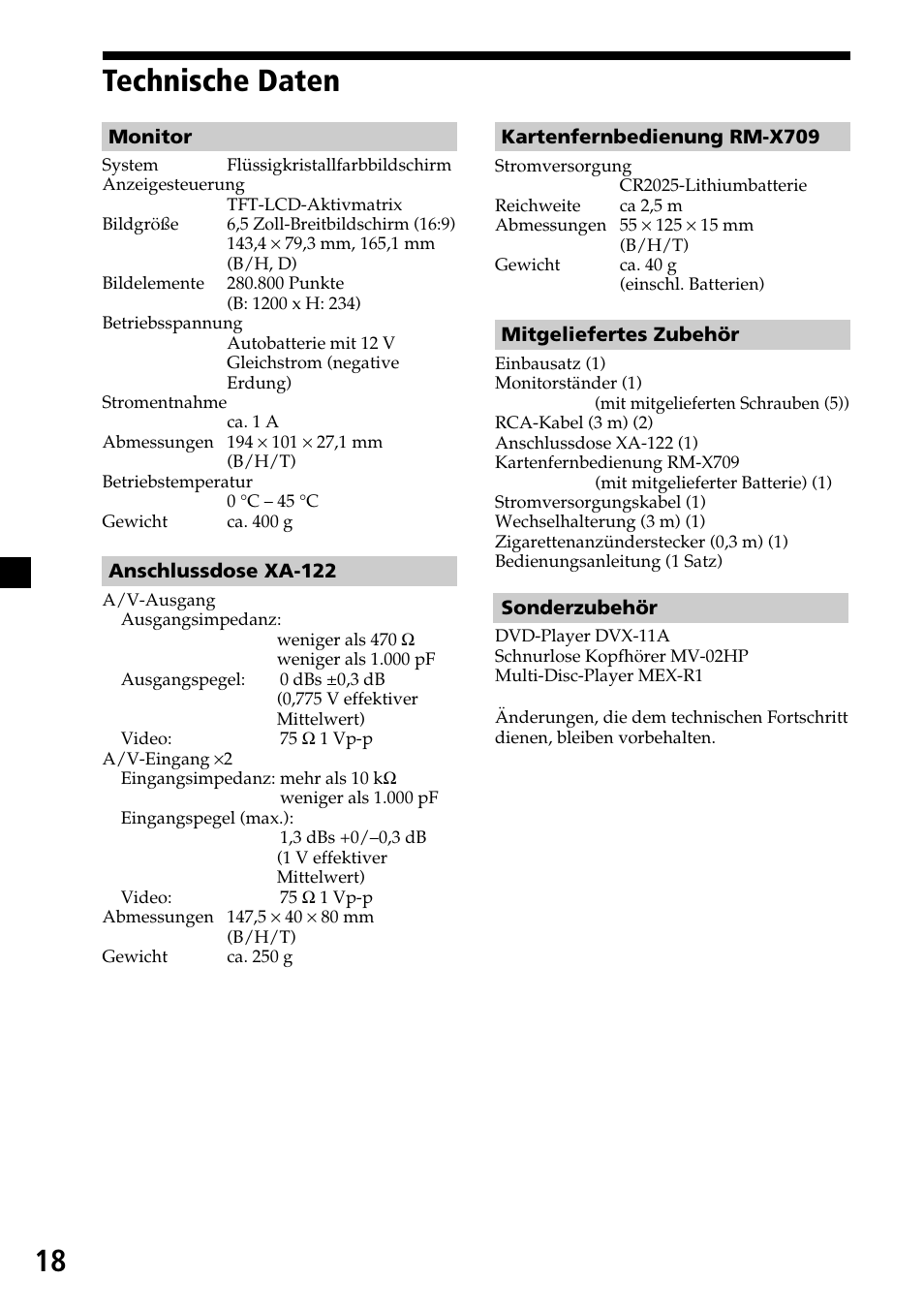 Technische daten, 18 technische daten | Sony XVM-F65 User Manual | Page 36 / 92
