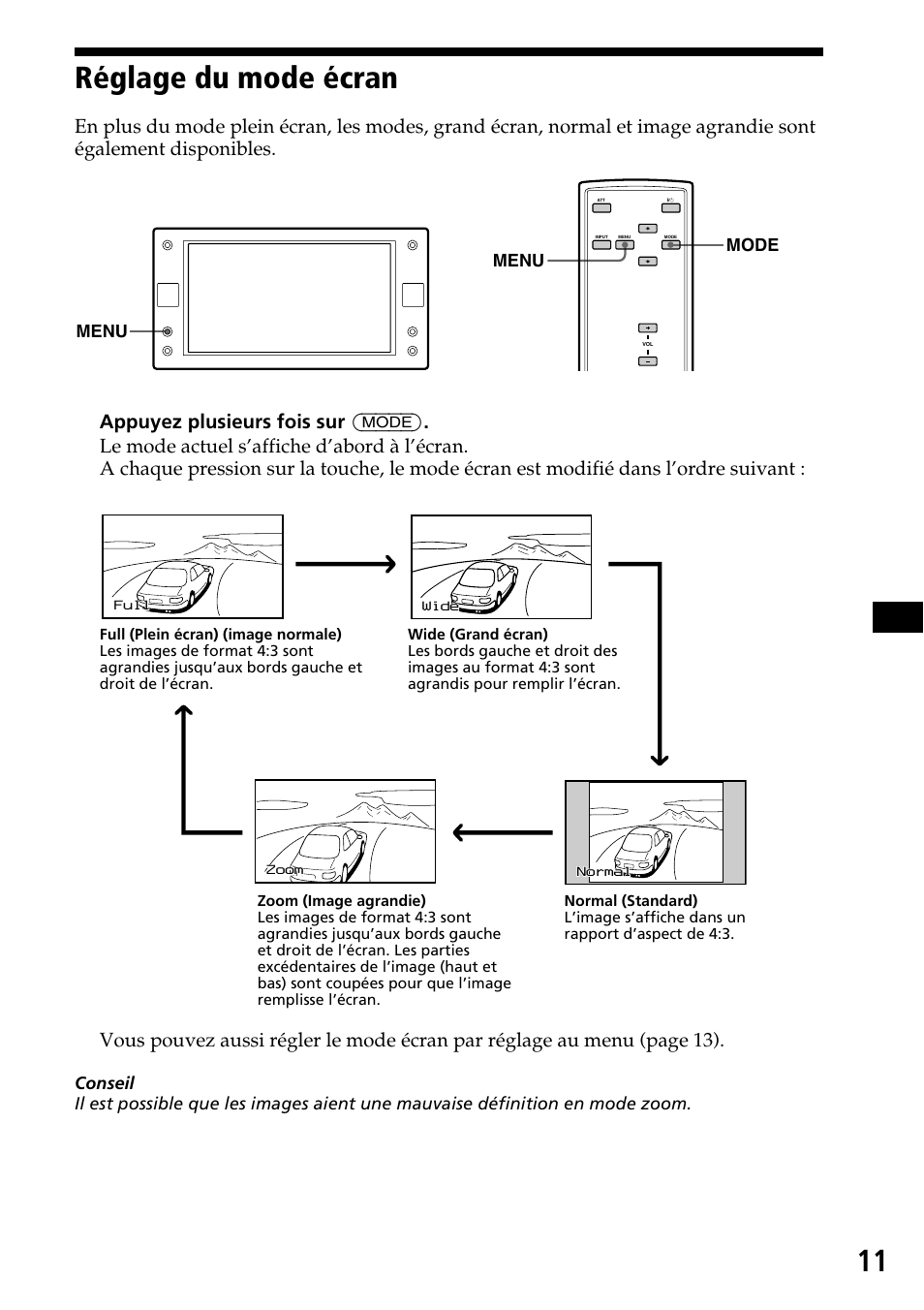 Réglage du mode écran, 11 réglage du mode écran, Menu | Menu mode | Sony XVM-F65 User Manual | Page 47 / 92