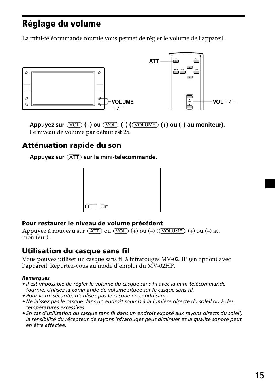 Réglage du volume, Atténuation rapide du son, Utilisation du casque sans fil | Sony XVM-F65 User Manual | Page 51 / 92