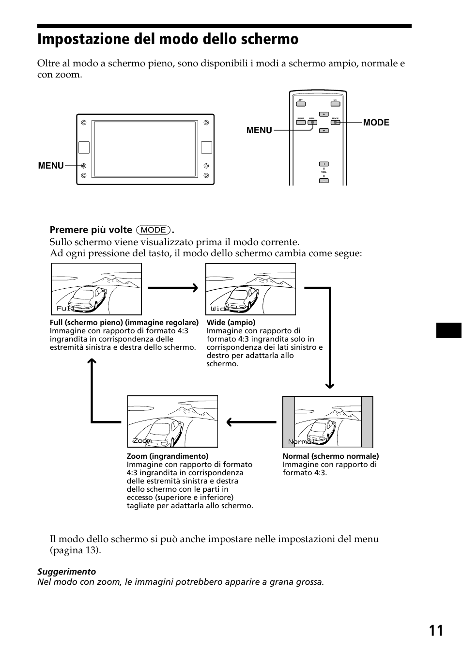 Impostazione del modo dello schermo, 11 impostazione del modo dello schermo, Menu | Menu mode | Sony XVM-F65 User Manual | Page 65 / 92