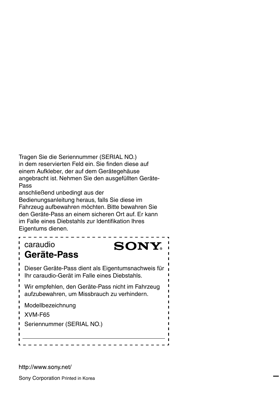 Geräte-pass, Caraudio | Sony XVM-F65 User Manual | Page 92 / 92