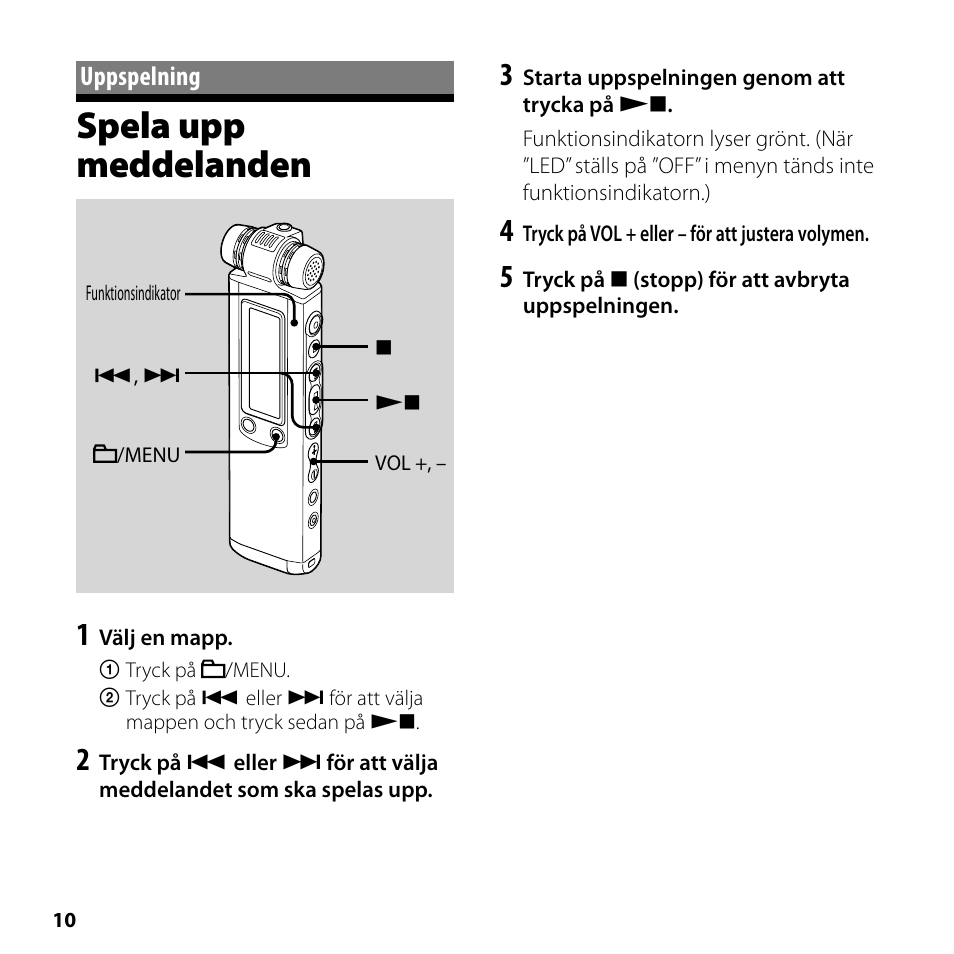 Uppspelning, Spela upp meddelanden | Sony ICD-SX750 User Manual | Page 10 / 56