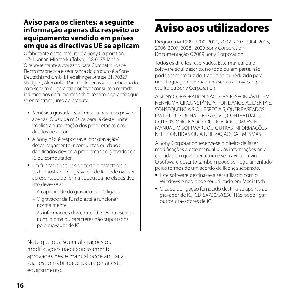 Aviso aos utilizadores | Sony ICD-SX750 User Manual | Page 16 / 56