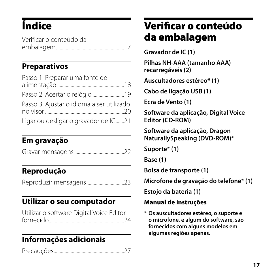 Índice, Verificar o conteúdo da embalagem | Sony ICD-SX750 User Manual | Page 17 / 56