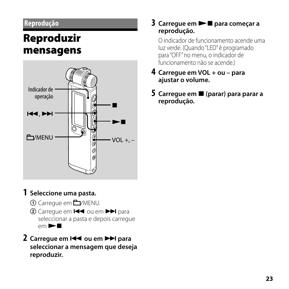 Reprodução, Reproduzir mensagens | Sony ICD-SX750 User Manual | Page 23 / 56