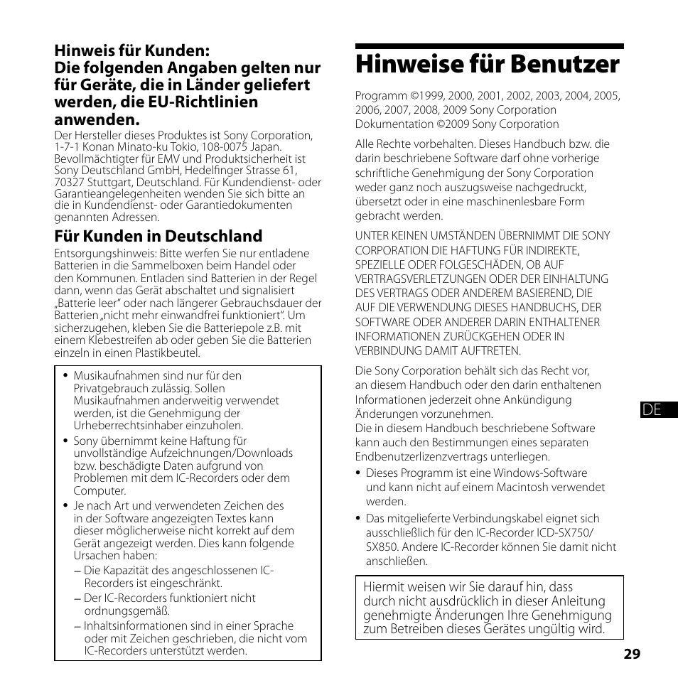 Hinweise für benutzer, Für kunden in deutschland | Sony ICD-SX750 User Manual | Page 29 / 56