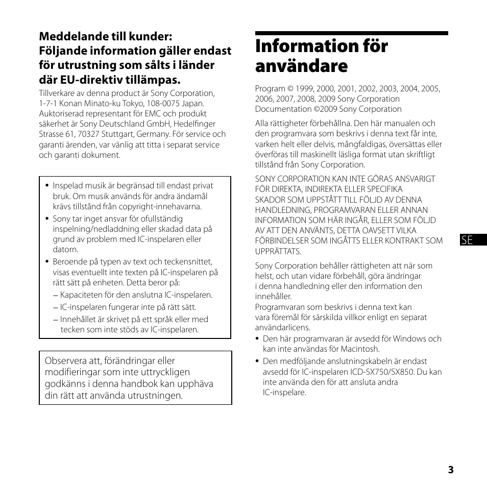 Information för användare | Sony ICD-SX750 User Manual | Page 3 / 56