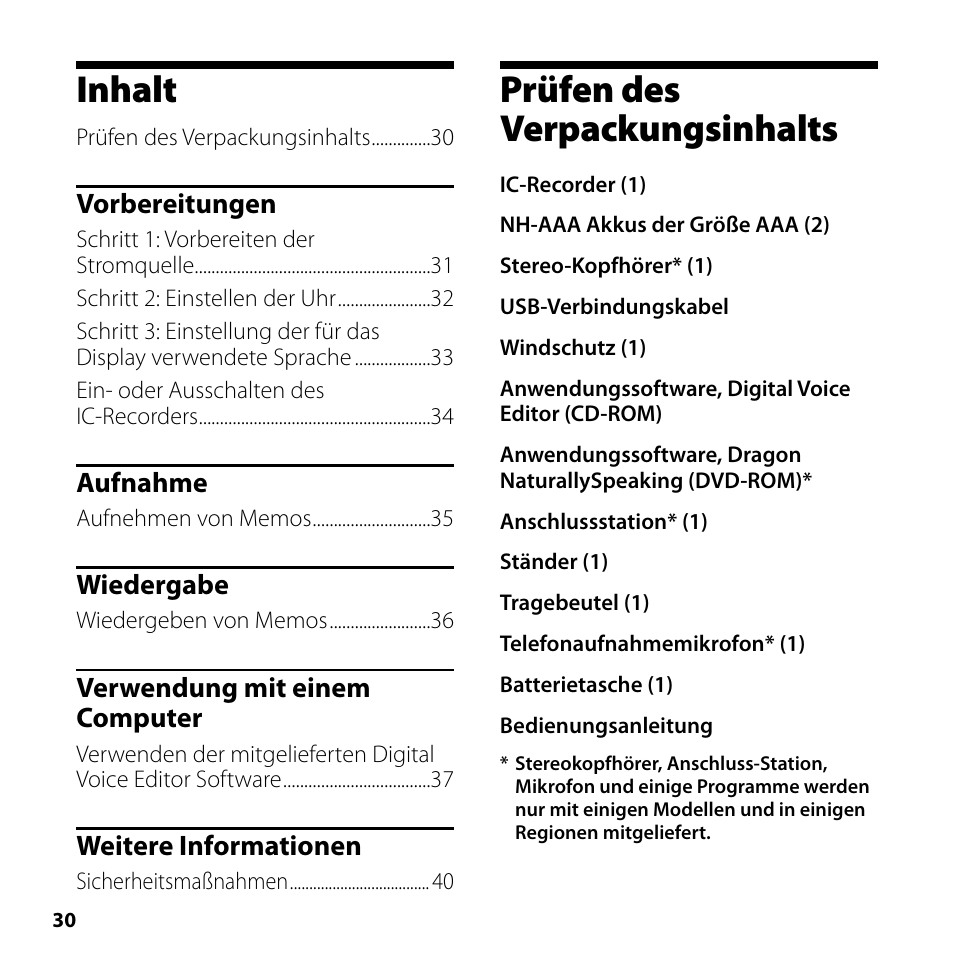 Inhalt, Prüfen des verpackungsinhalts | Sony ICD-SX750 User Manual | Page 30 / 56