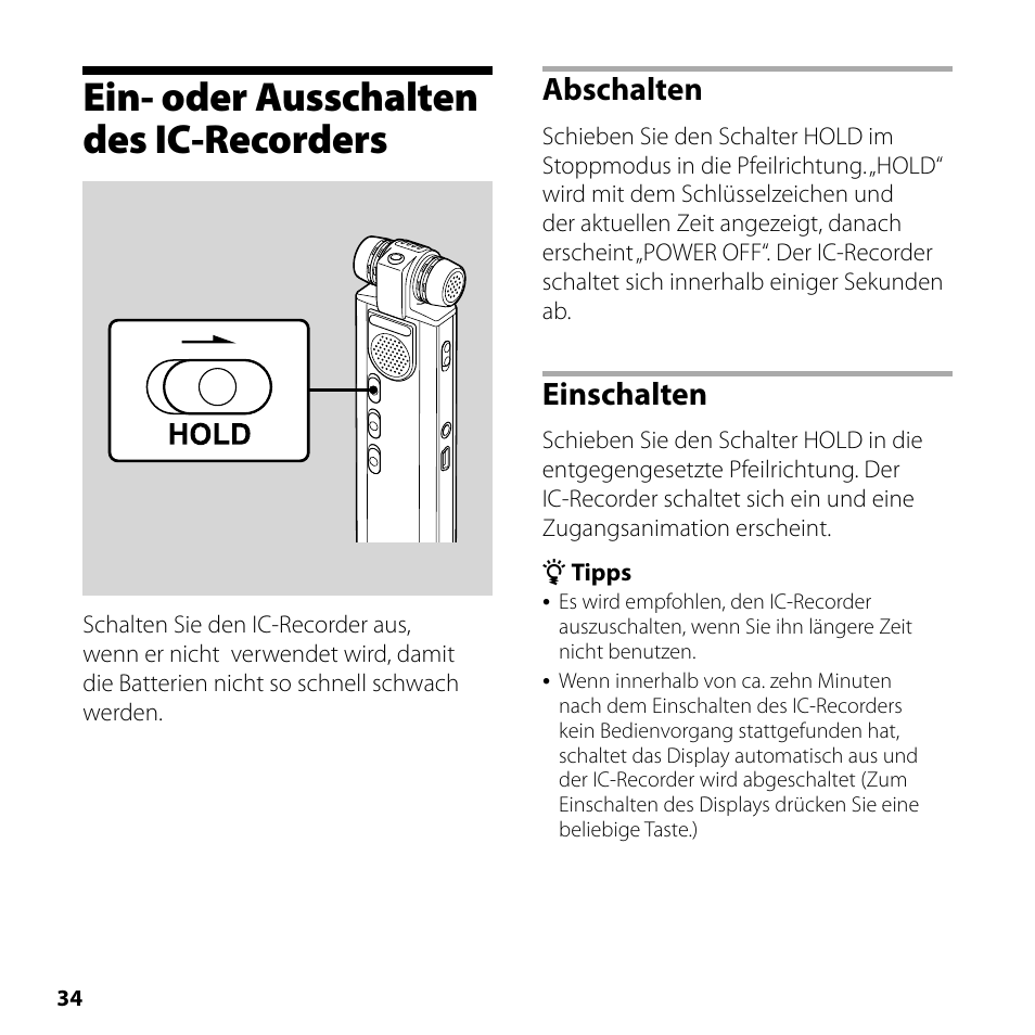 Ein- oder ausschalten des ic-recorders, Ein- oder ausschalten des, Ic-recorders | Abschalten, Einschalten | Sony ICD-SX750 User Manual | Page 34 / 56