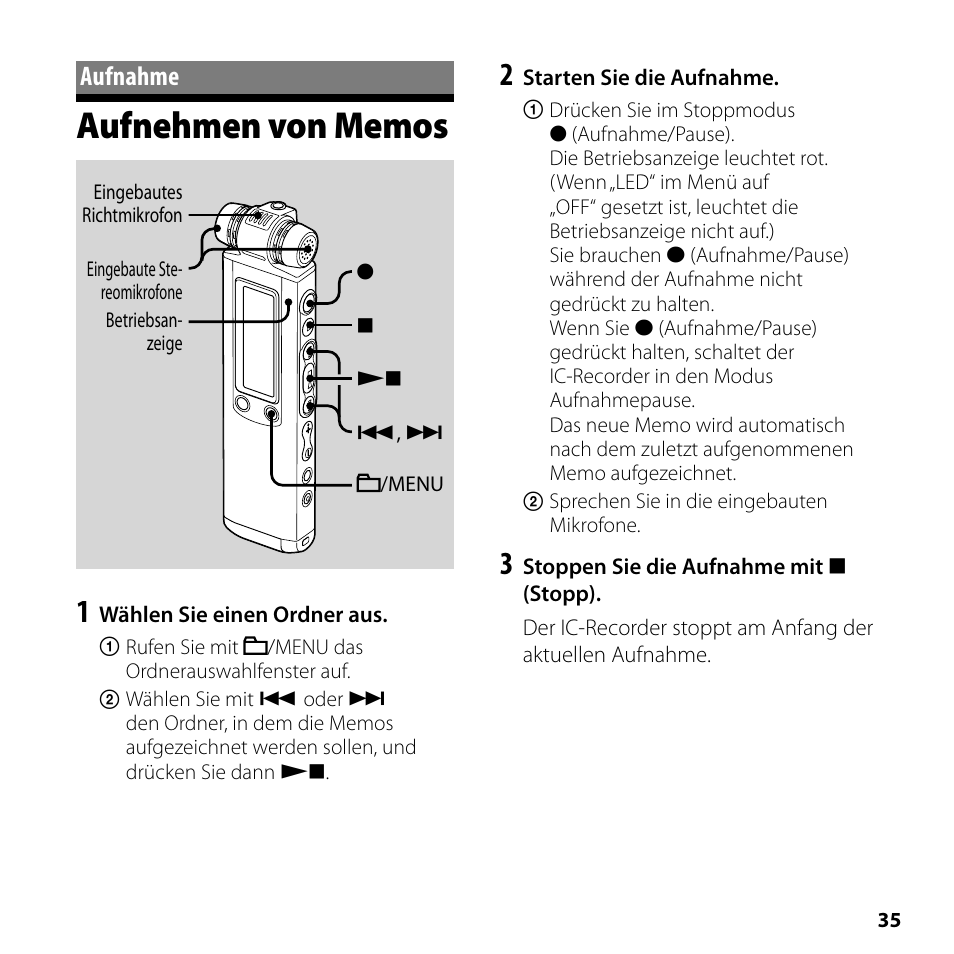 Aufnahme, Aufnehmen von memos | Sony ICD-SX750 User Manual | Page 35 / 56