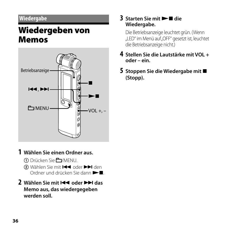 Wiedergabe, Wiedergeben von memos | Sony ICD-SX750 User Manual | Page 36 / 56