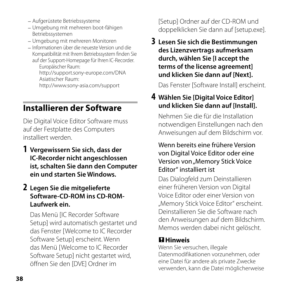 Installieren der software | Sony ICD-SX750 User Manual | Page 38 / 56