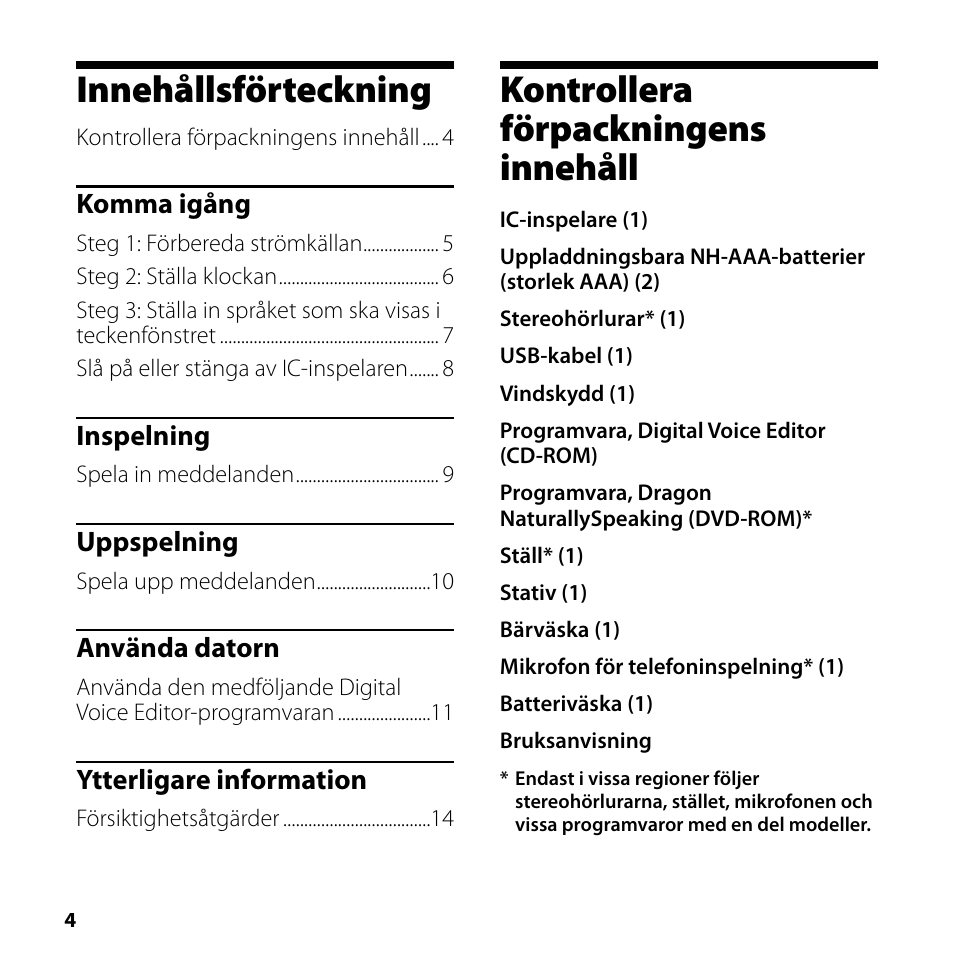 Innehållsförteckning, Kontrollera förpackningens innehåll | Sony ICD-SX750 User Manual | Page 4 / 56