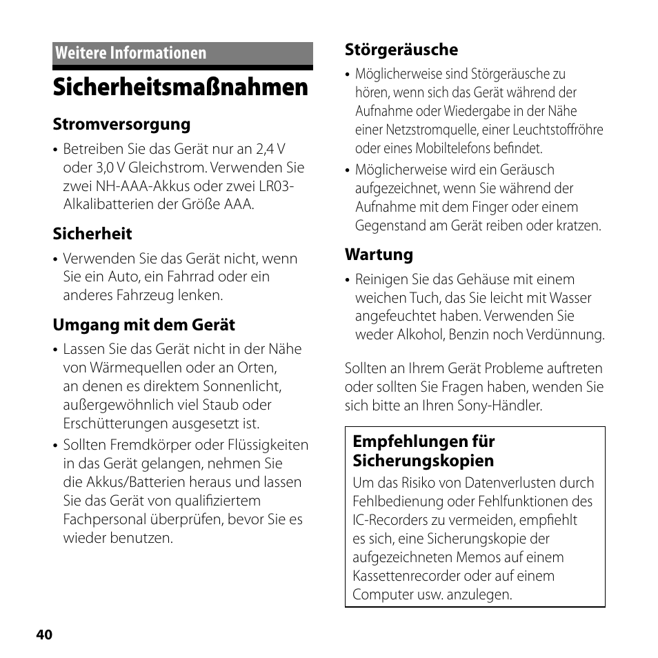 Weitere informationen, Sicherheitsmaßnahmen | Sony ICD-SX750 User Manual | Page 40 / 56