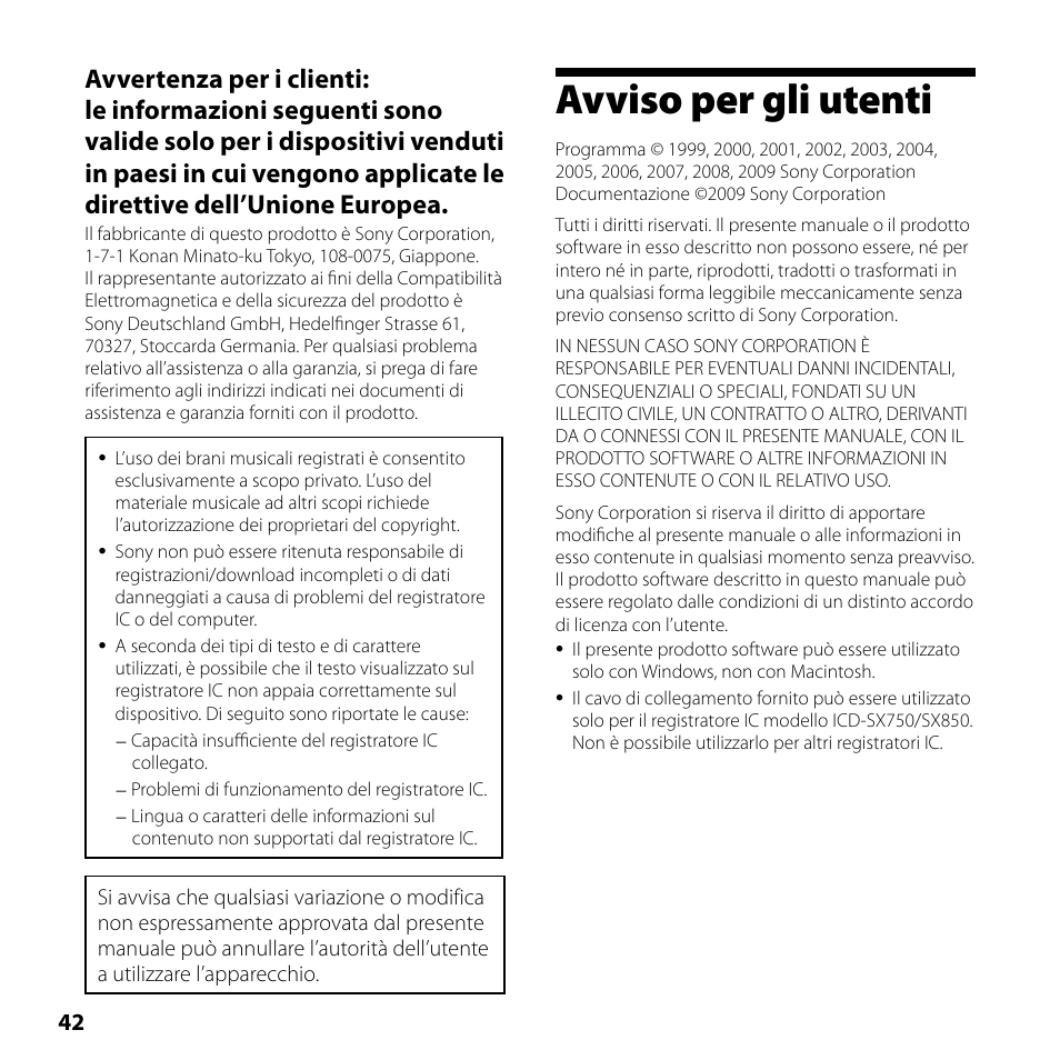 Avviso per gli utenti | Sony ICD-SX750 User Manual | Page 42 / 56