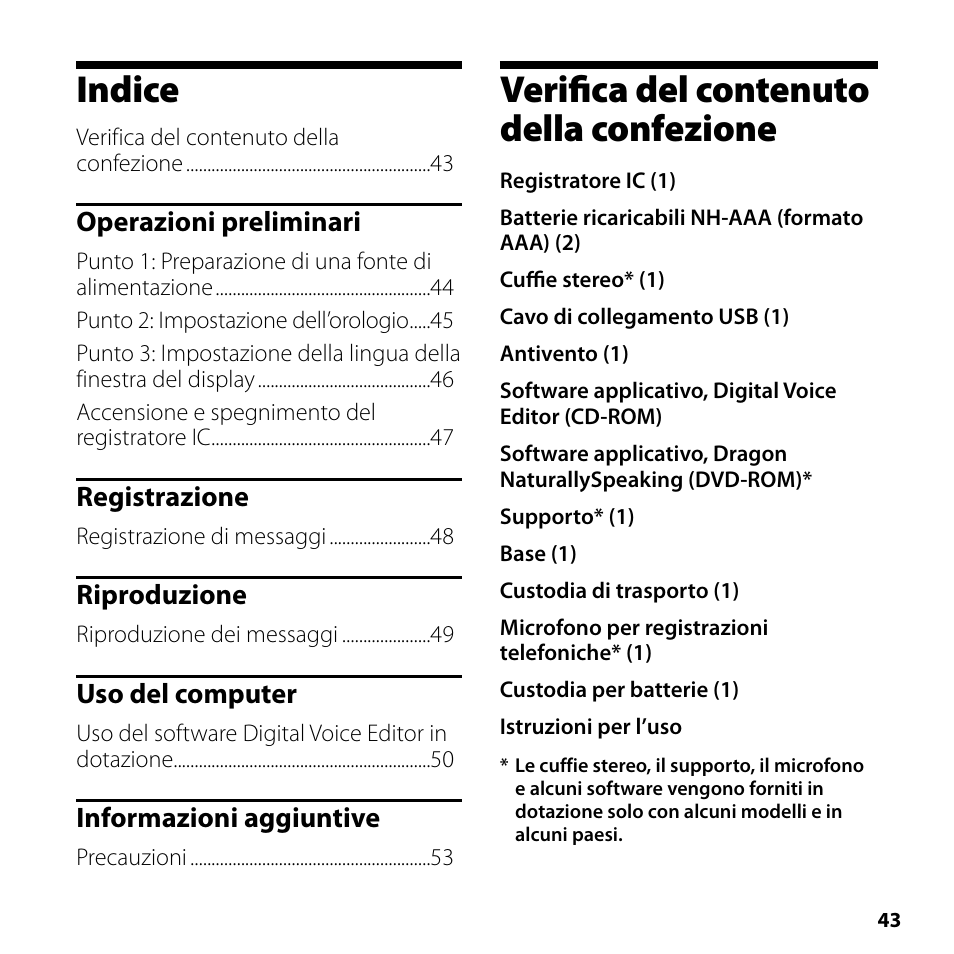 Indice, Verifica del contenuto della confezione | Sony ICD-SX750 User Manual | Page 43 / 56