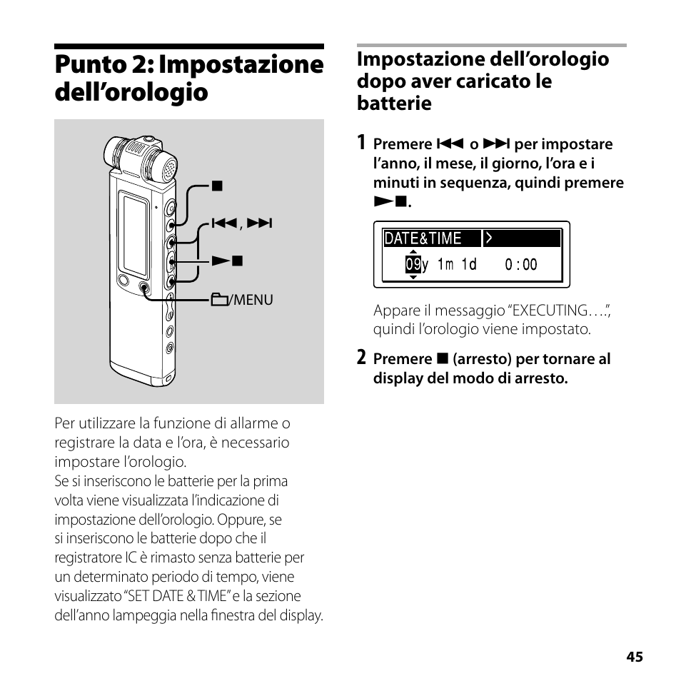 Punto 2: impostazione dell’orologio | Sony ICD-SX750 User Manual | Page 45 / 56