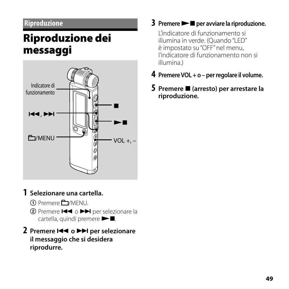 Riproduzione, Riproduzione dei messaggi | Sony ICD-SX750 User Manual | Page 49 / 56