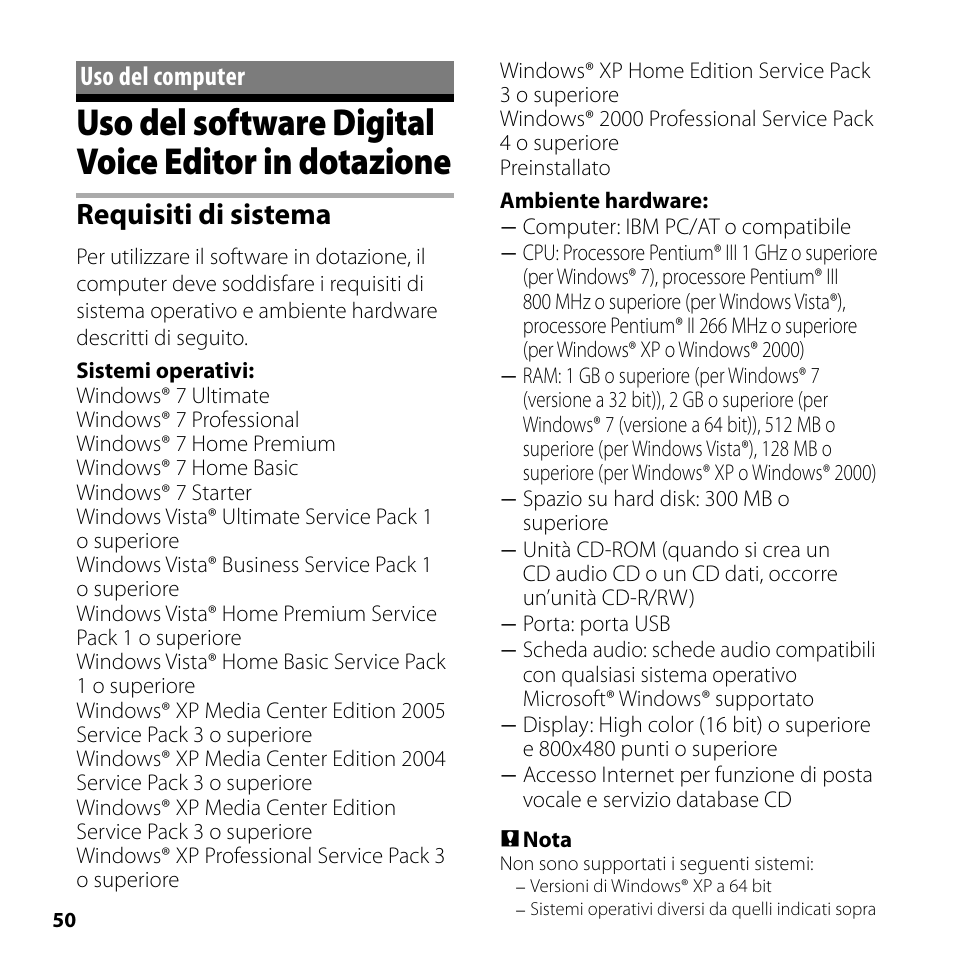 Uso del computer, Uso del software digital voice editor in dotazione, Uso del software digital voice editor in | Dotazione, Requisiti di sistema | Sony ICD-SX750 User Manual | Page 50 / 56