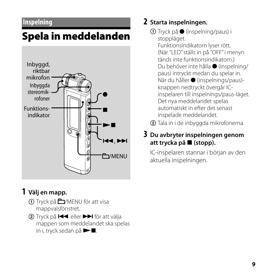 Inspelning, Spela in meddelanden | Sony ICD-SX750 User Manual | Page 9 / 56