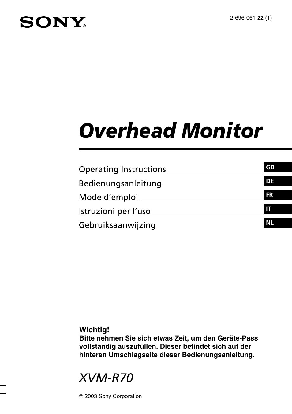 Sony XVM-R70 User Manual | 104 pages