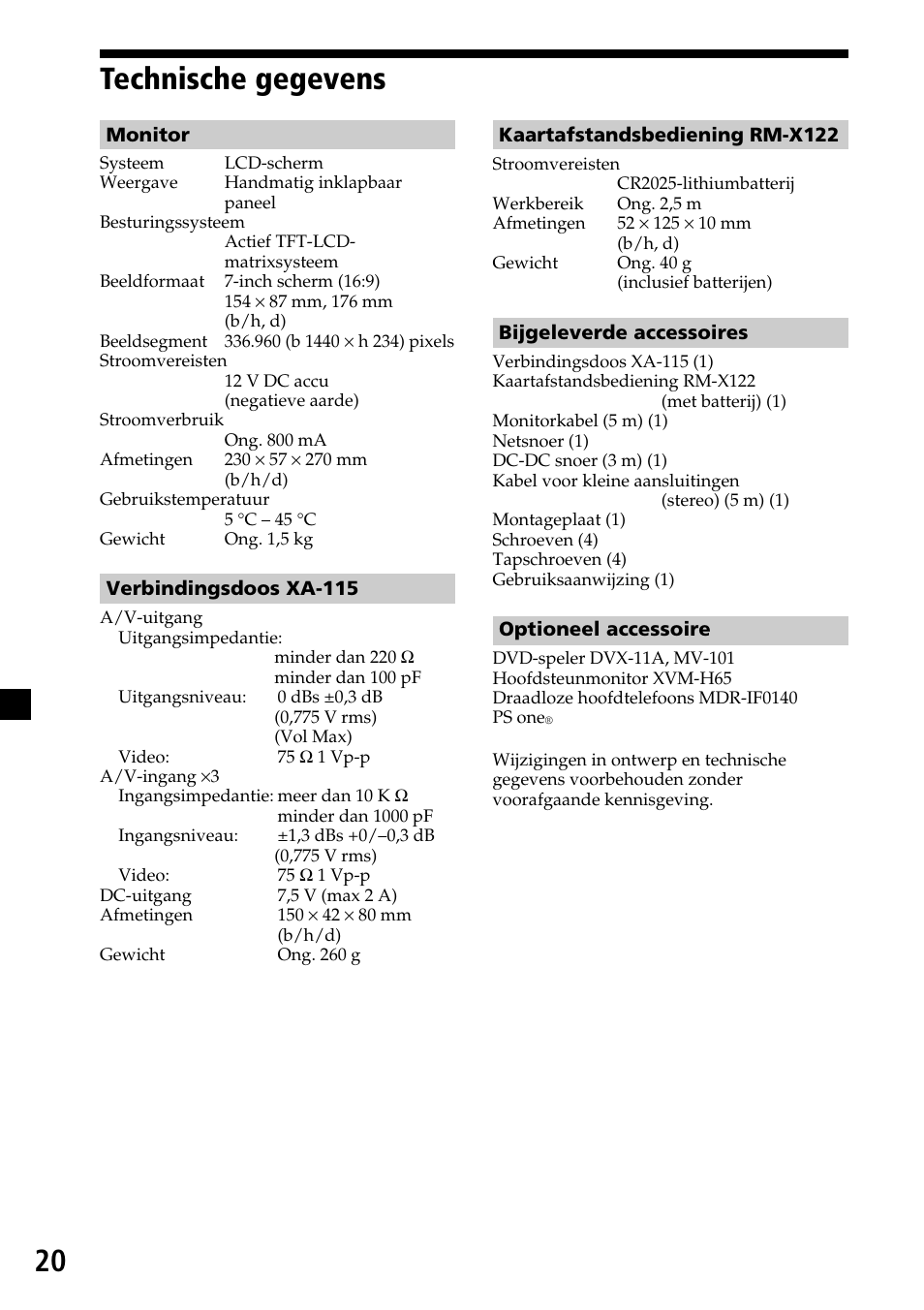 Technische gegevens, 20 technische gegevens | Sony XVM-R70 User Manual | Page 100 / 104