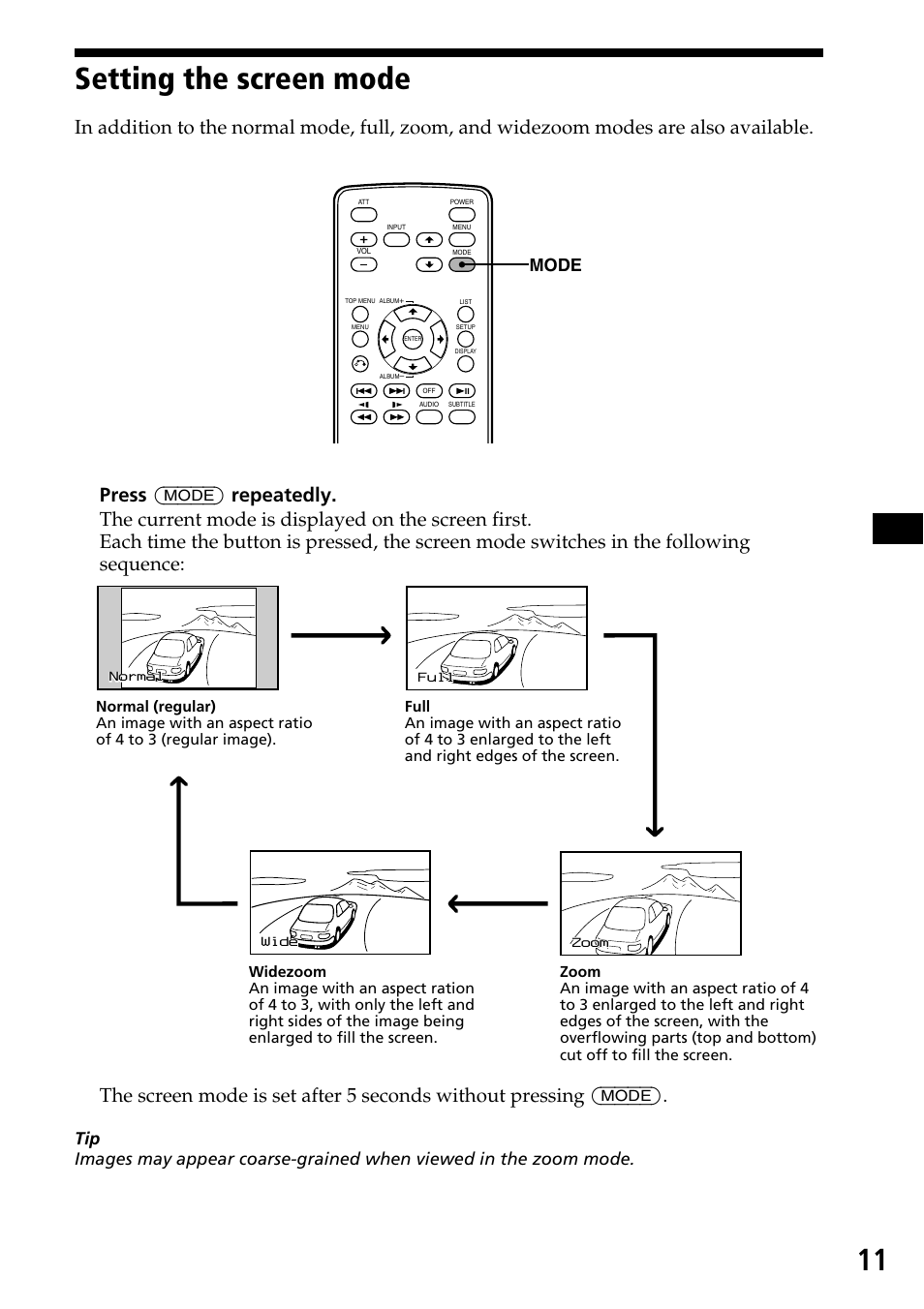 Setting the screen mode, Mode | Sony XVM-R70 User Manual | Page 11 / 104