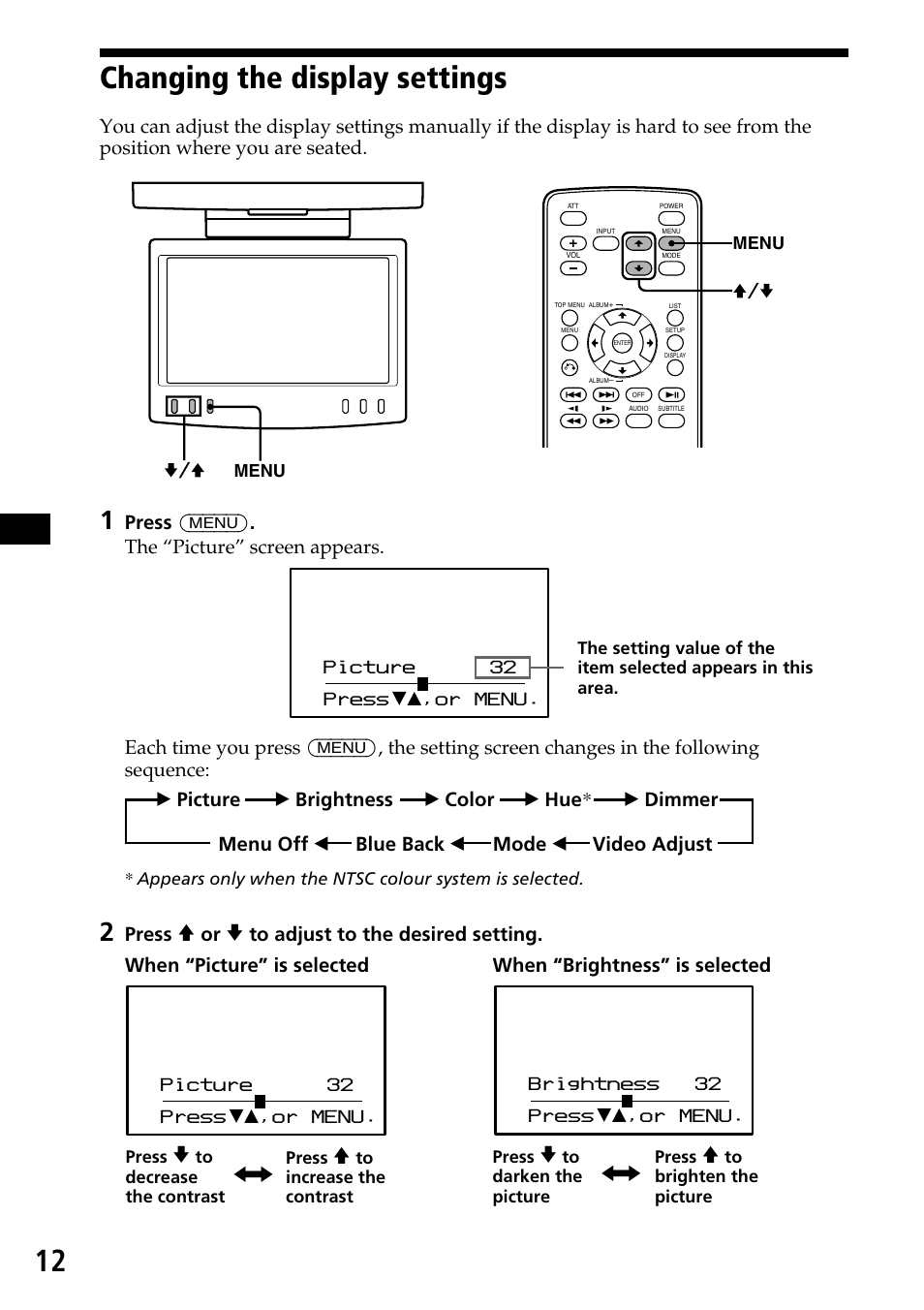 Changing the display settings, 12 changing the display settings | Sony XVM-R70 User Manual | Page 12 / 104