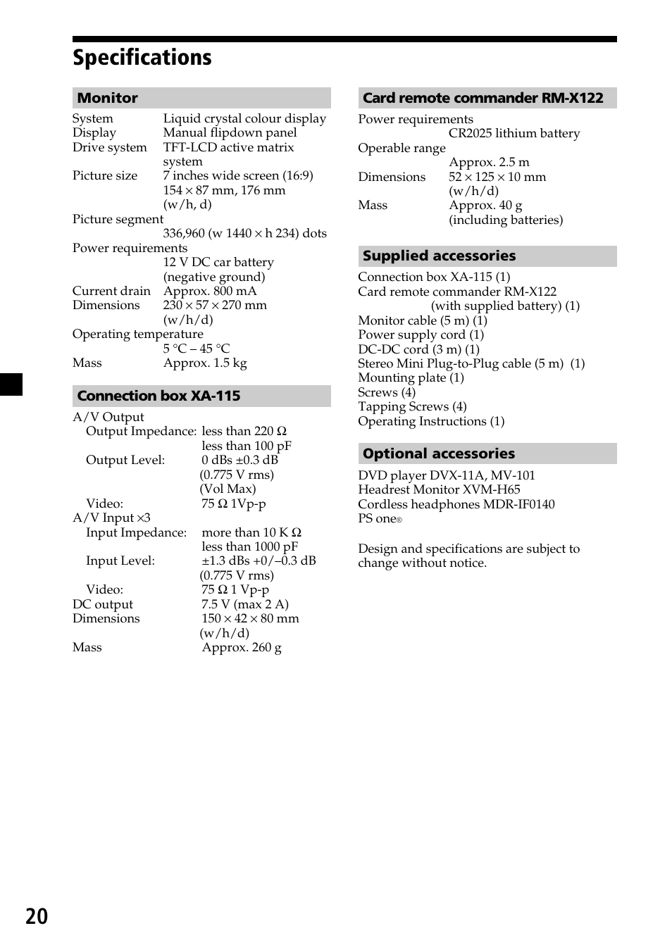 Specifications, 20 specifications | Sony XVM-R70 User Manual | Page 20 / 104