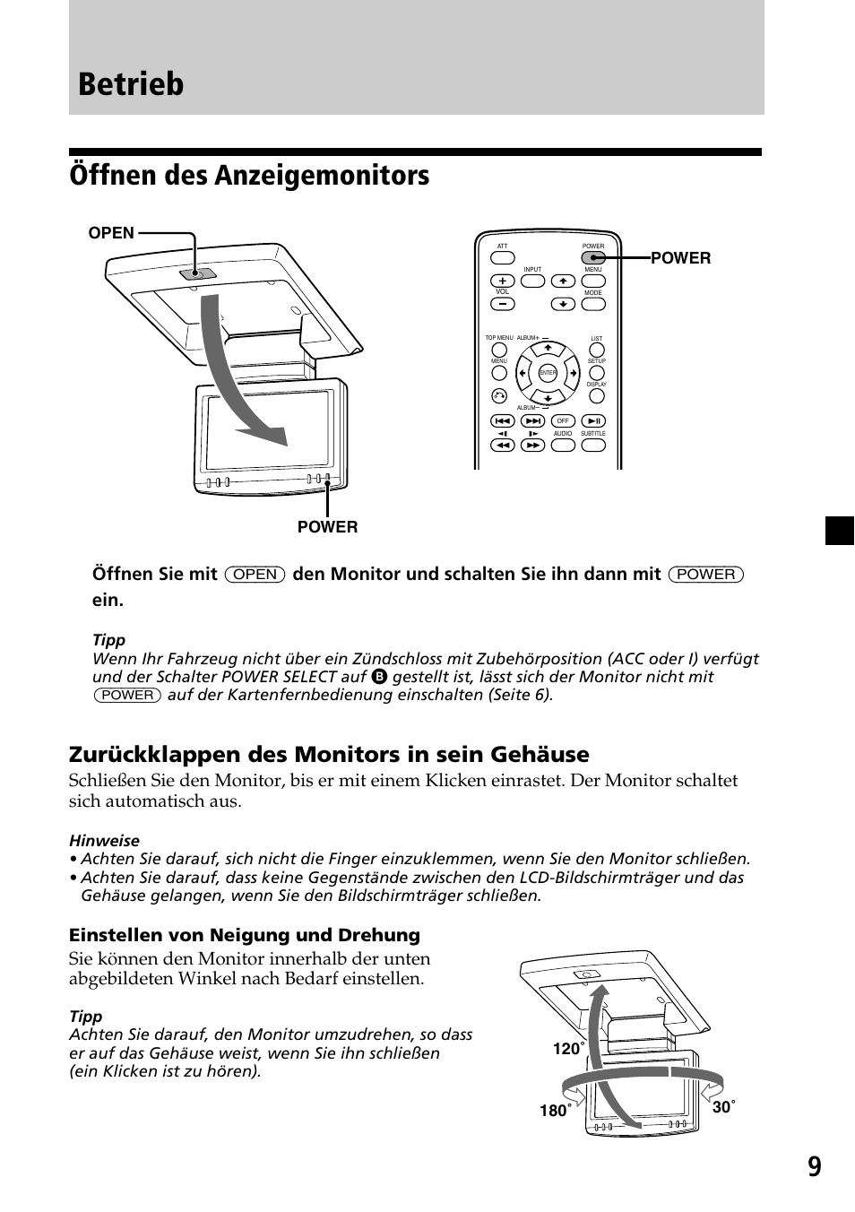 Betrieb, Öffnen des anzeigemonitors, Zurückklappen des monitors in sein gehäuse | Sony XVM-R70 User Manual | Page 29 / 104