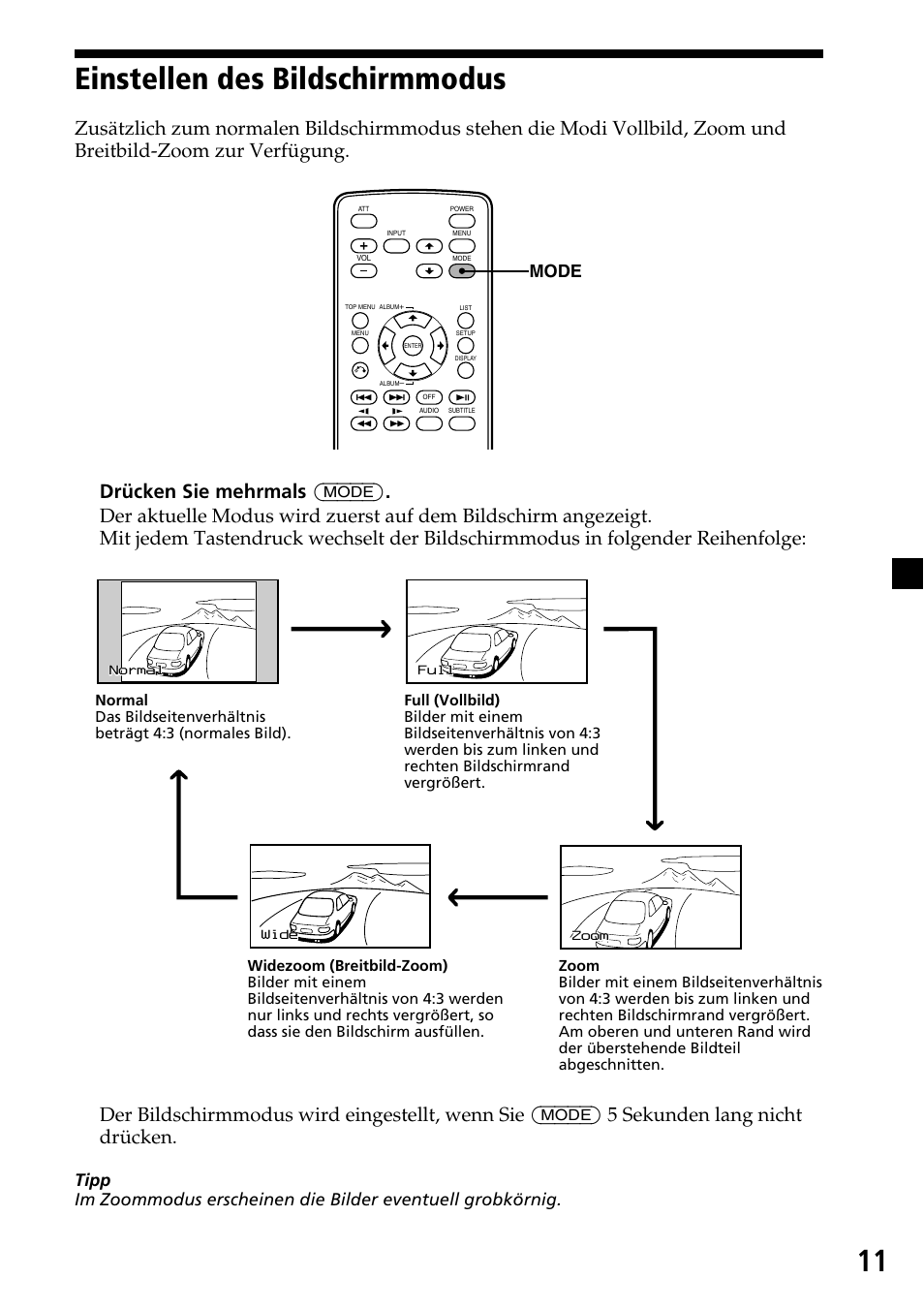 Einstellen des bildschirmmodus, Mode | Sony XVM-R70 User Manual | Page 31 / 104