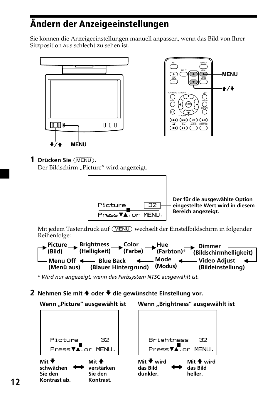 Ändern der anzeigeeinstellungen, 12 ändern der anzeigeeinstellungen | Sony XVM-R70 User Manual | Page 32 / 104