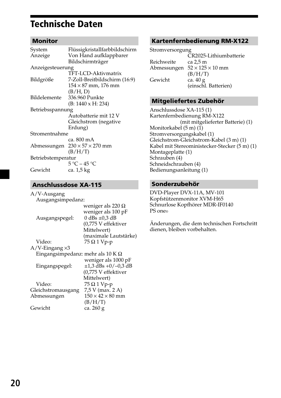 Technische daten, 20 technische daten | Sony XVM-R70 User Manual | Page 40 / 104