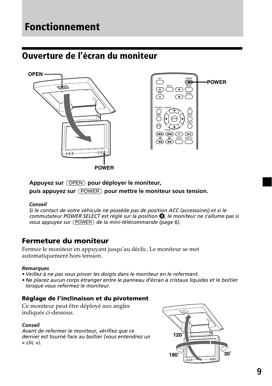 Fonctionnement, Ouverture de l’écran du moniteur, Fermeture du moniteur | Power | Sony XVM-R70 User Manual | Page 49 / 104