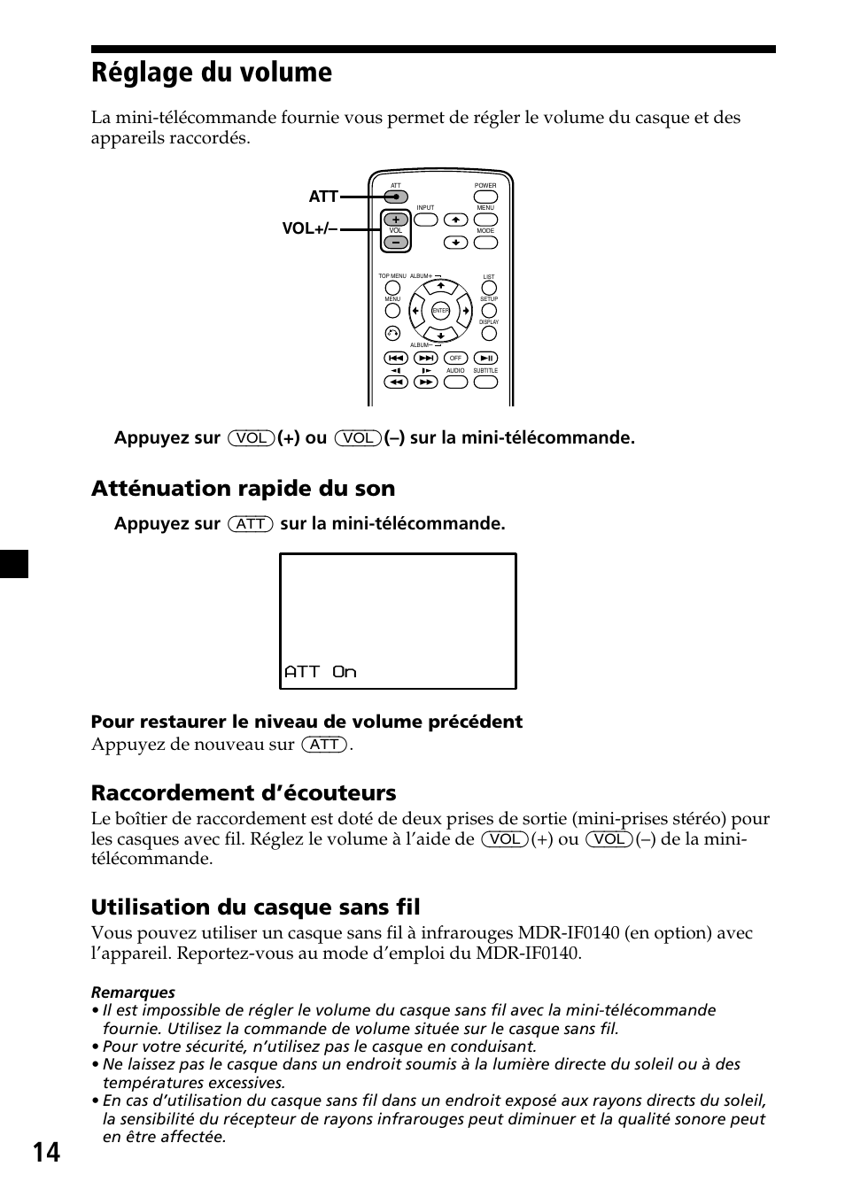 Réglage du volume, 14 réglage du volume, Atténuation rapide du son | Raccordement d’écouteurs, Utilisation du casque sans fil, Att vol | Sony XVM-R70 User Manual | Page 54 / 104