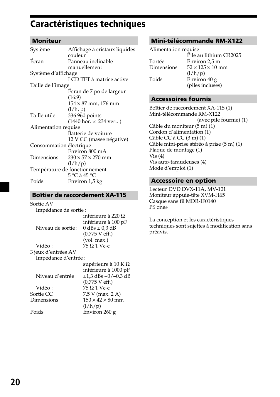 Caractéristiques techniques | Sony XVM-R70 User Manual | Page 60 / 104